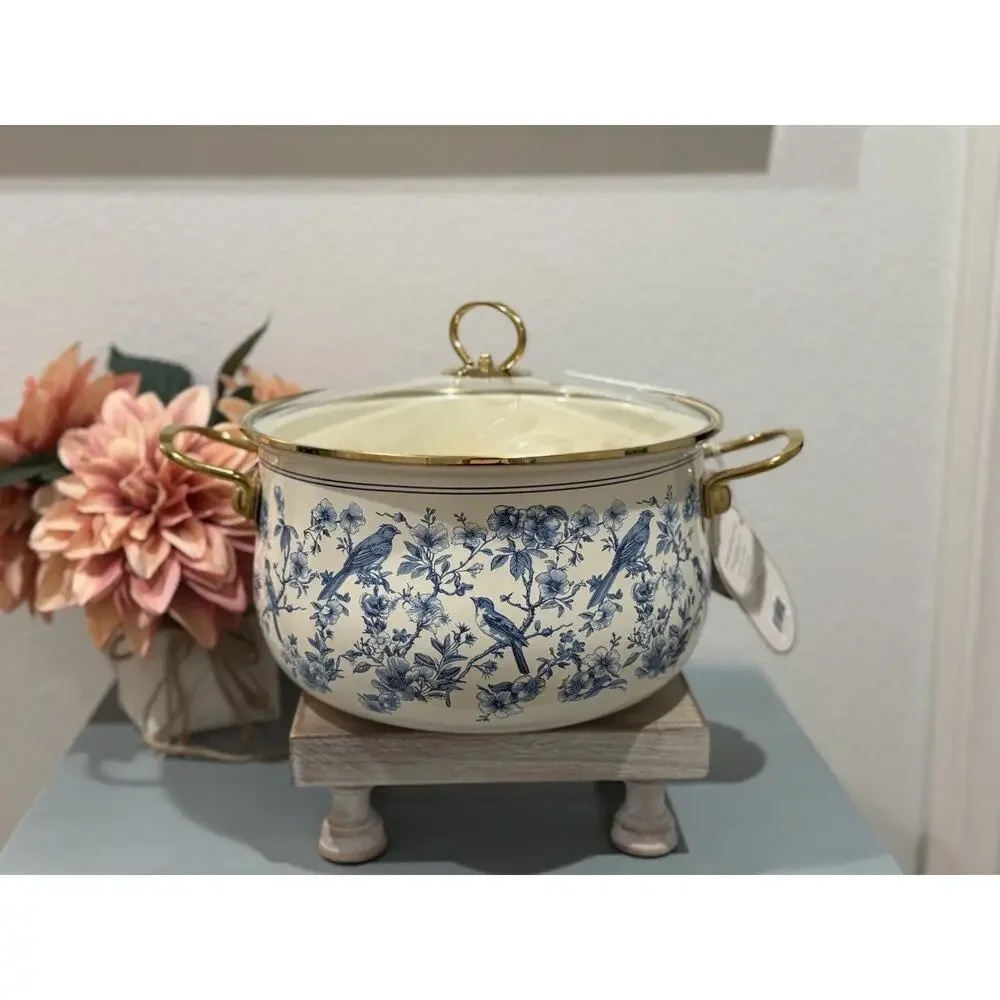 Alta Blue Floral Bird Patterned Enamel Pot w/glass lid and golden handle 6.55 Qt